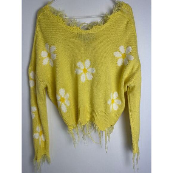 Polly & Esther Cropped Distressed Sweater Yellow Daisy Floral Y2K - Picture 6 of 11
